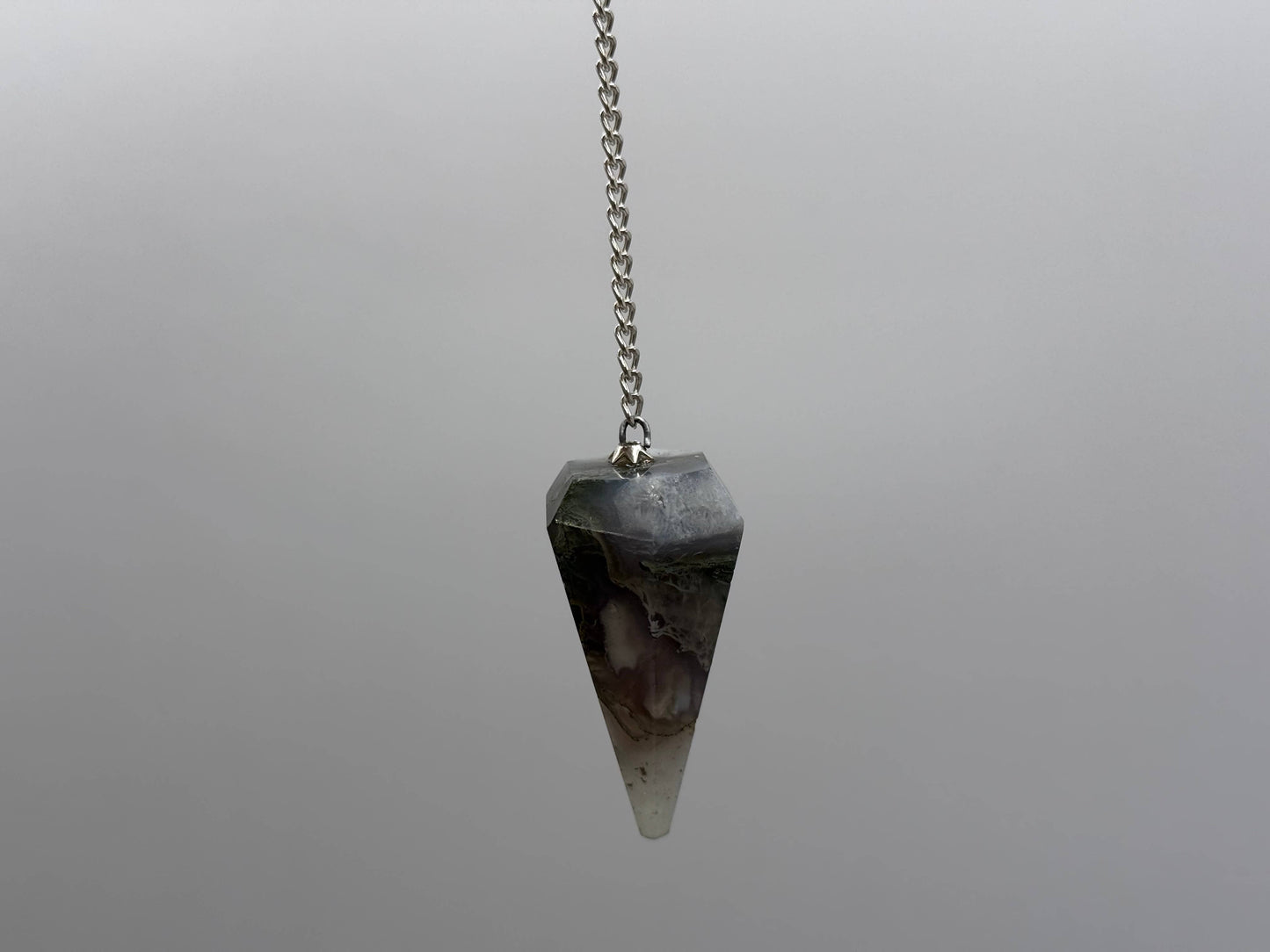 Moss Agate Pendulum w/Chakra Beads-Silver Plate Chain