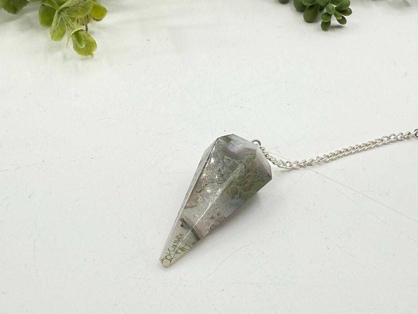 Moss Agate Pendulum w/Chakra Beads-Silver Plate Chain